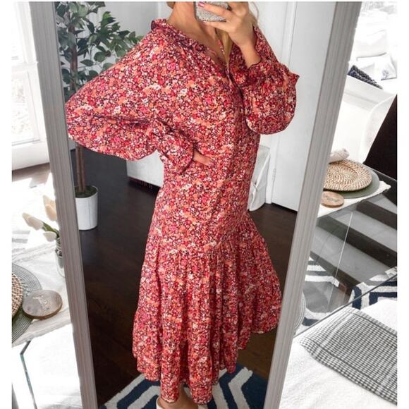 O.P.T One Pretty Time Anthropologie Dress Peasant Tiered Midi Floral Boho Medium - Picture 3 of 12